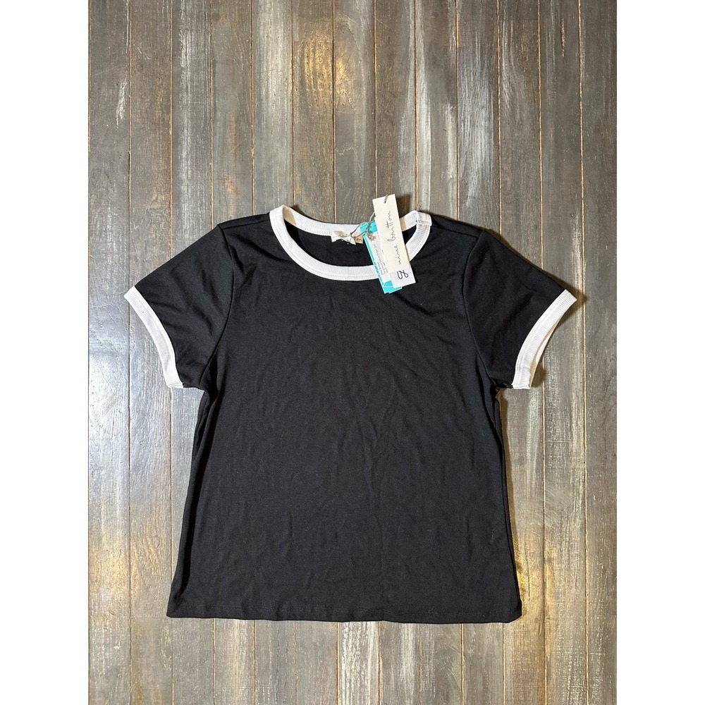 Nine Britton Womens Black White Contrast Ringer Crew Neck Short Sleeve T-Shirt